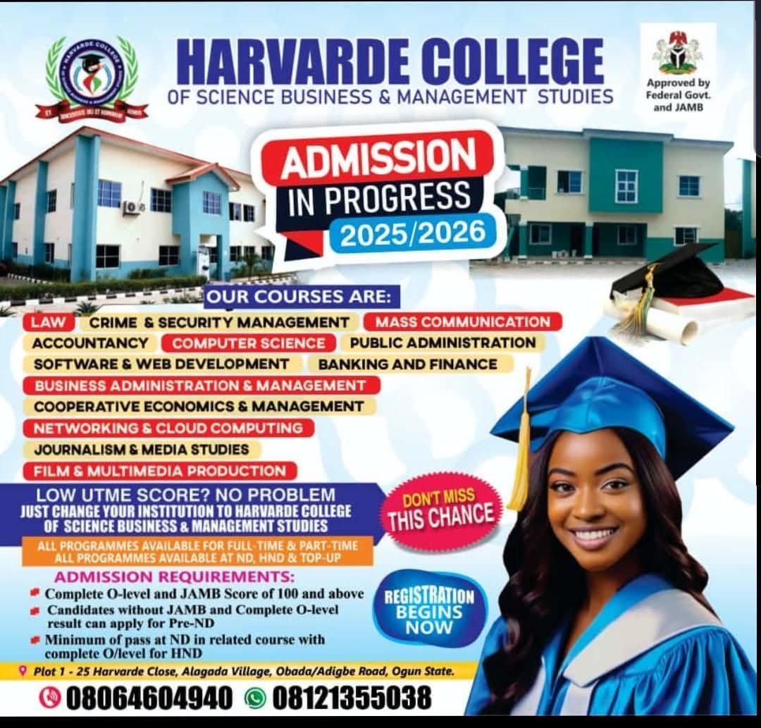 🎓 Admission In Progress For 2025/2026 At Harvarde College Of Science, Business & Management Studies